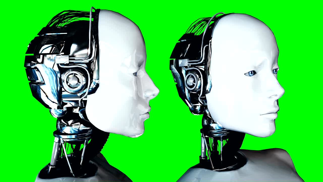 el robot humanoide femenino futurista está ocioso. movimiento y reflejos realistas. imágenes de pantalla verde 4k.