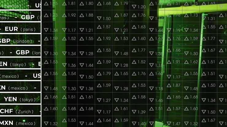 View panning right, finance overlay holding, showing currency list and grid revealing frame