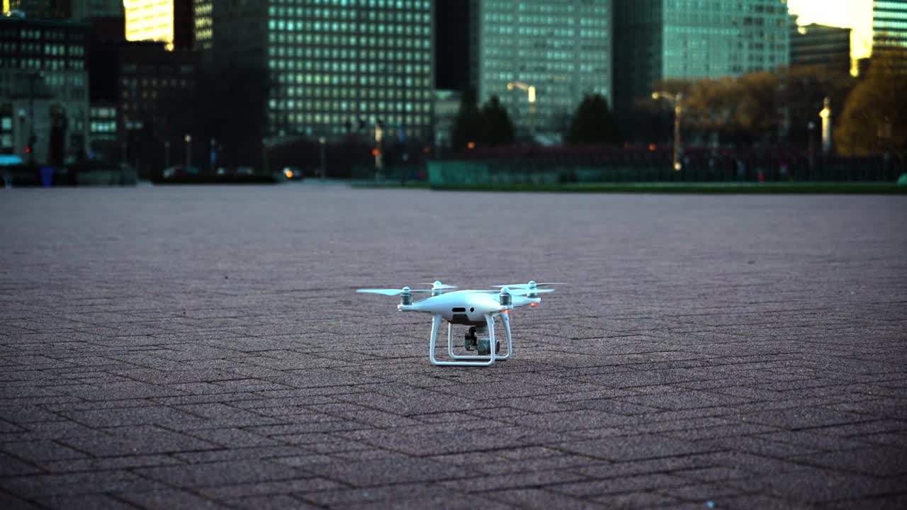 DJI Phantom 4 Pro is preparing for the training flight on the empty and safe area