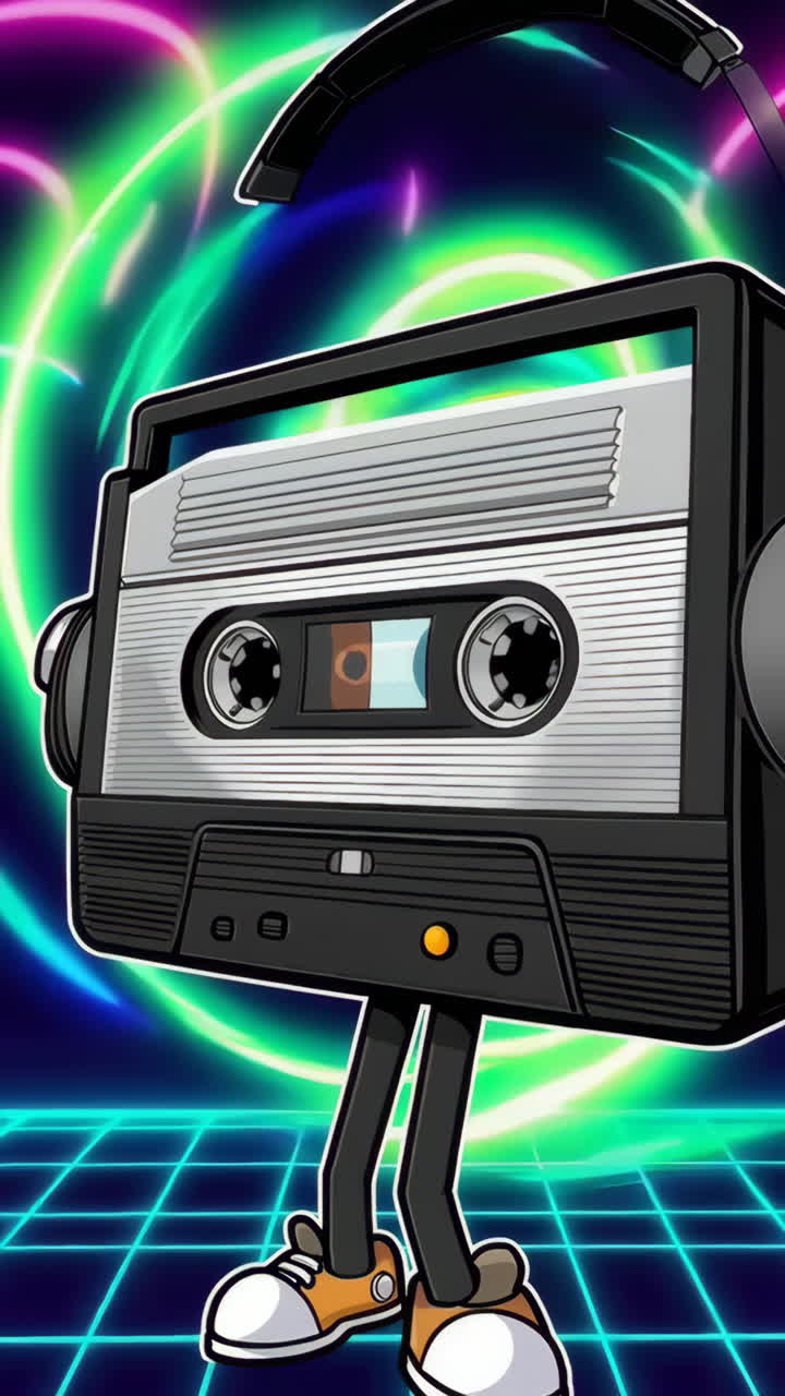 Dancing Retro Cassette Tape Character with Headphones