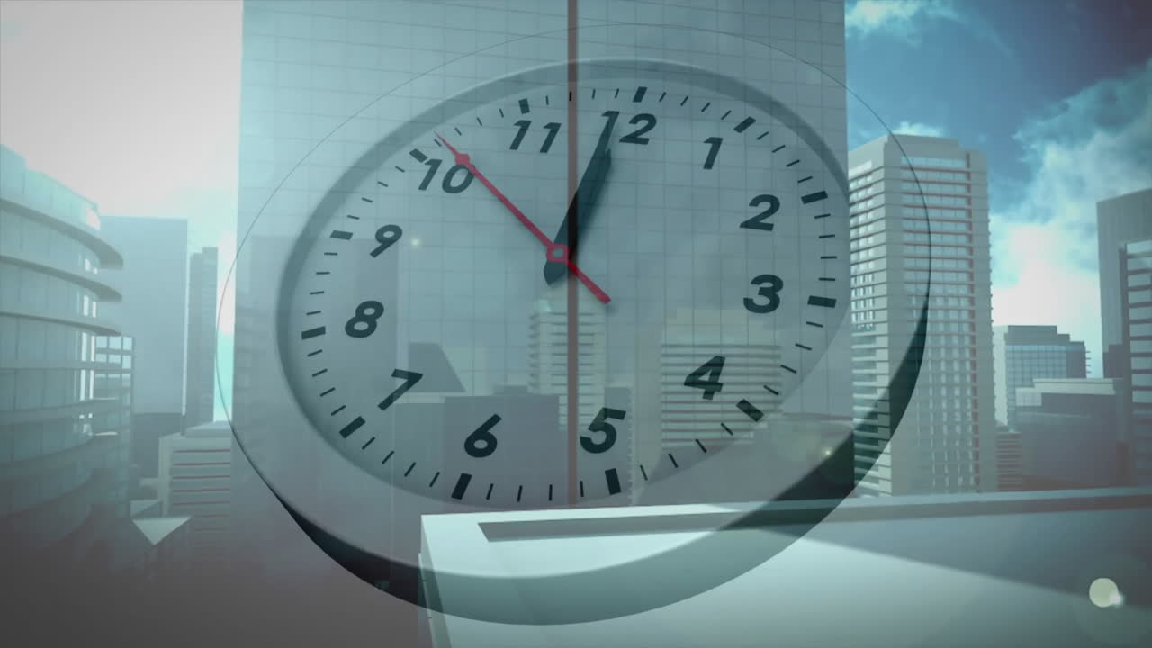 animación de un reloj que se mueve sobre el paisaje urbano