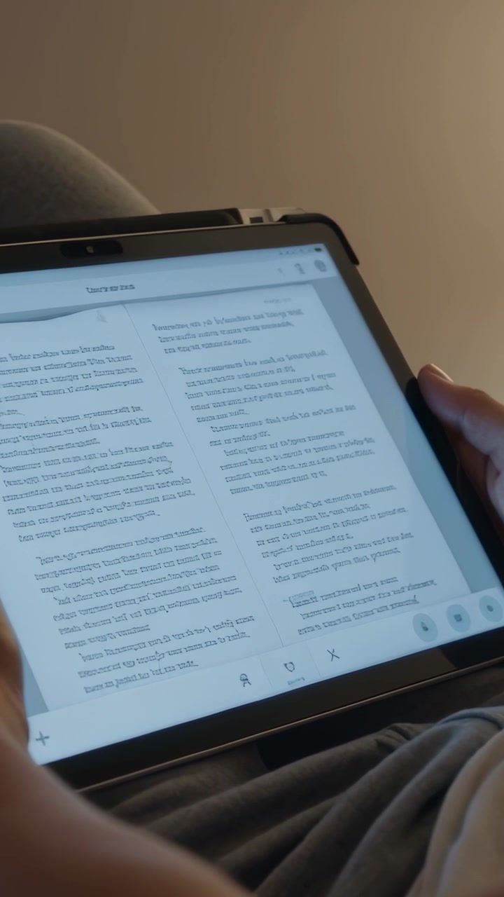 Vertical video: Left thumb tapping, reader holding tablet case, scrolling two-column text on couch