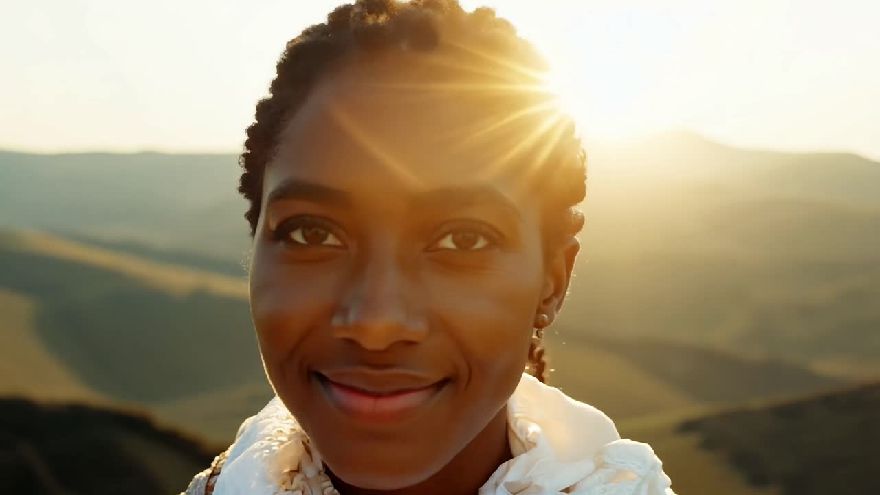 A beautiful young woman smiles for the camera as she stands in a mountain range at sunset.