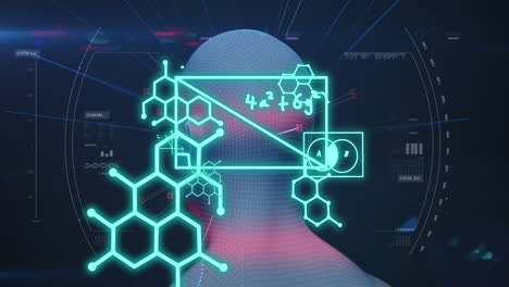 animación de fórmulas matemáticas y procesamiento de datos científicos sobre la cabeza humana.