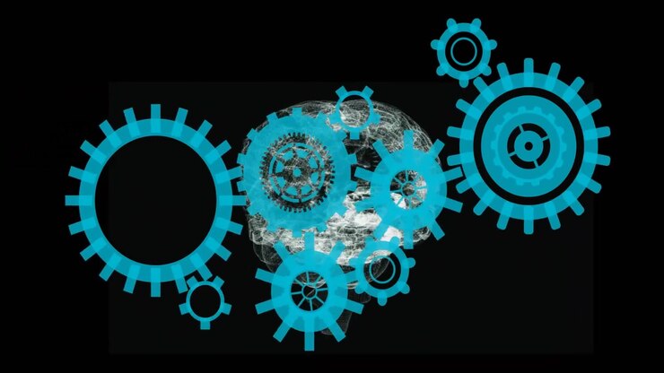 Cyan gears fading in via timeline and revealing glass brain wireframe, visualizing tech concept