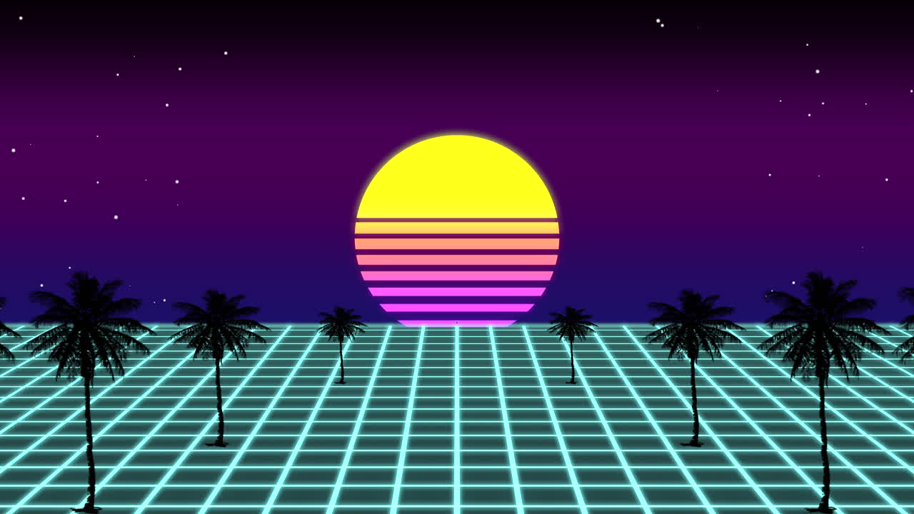 80년대 분위기,  ⁇ 나무, 그리고 매혹적인 파란색 그리드와 함께 꿈꾸는 해변 일몰