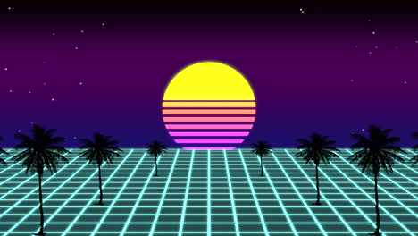 Dreamy-Beach-Sunset-With-80S-Vibe,-Palm-Trees,-And-Mesmerizing-Blue-Grid