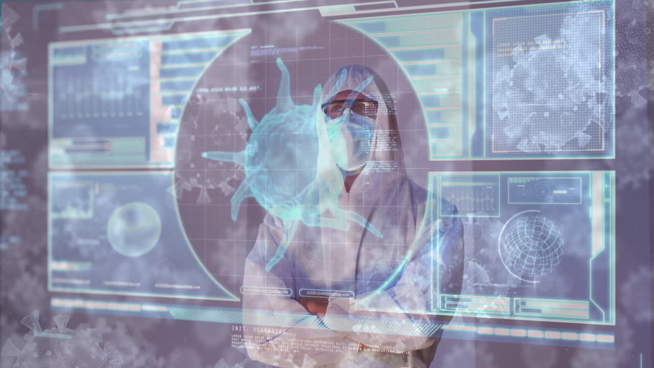 코로나 19 세포의 애니메이션과 ppe 복장을 입은 백인 남성 의사에 대한 데이터