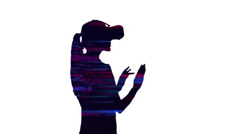 animation of silhouette of woman using vr headset over red and blue trails on white background