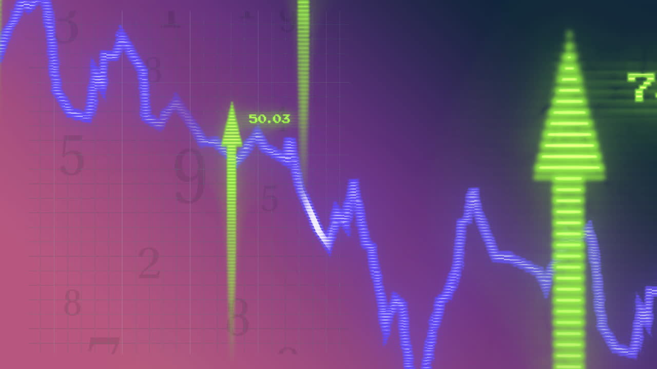 Stock market data with rising and falling arrows animation over financial graph