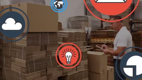 animation of icons over caucasian man in warehouse