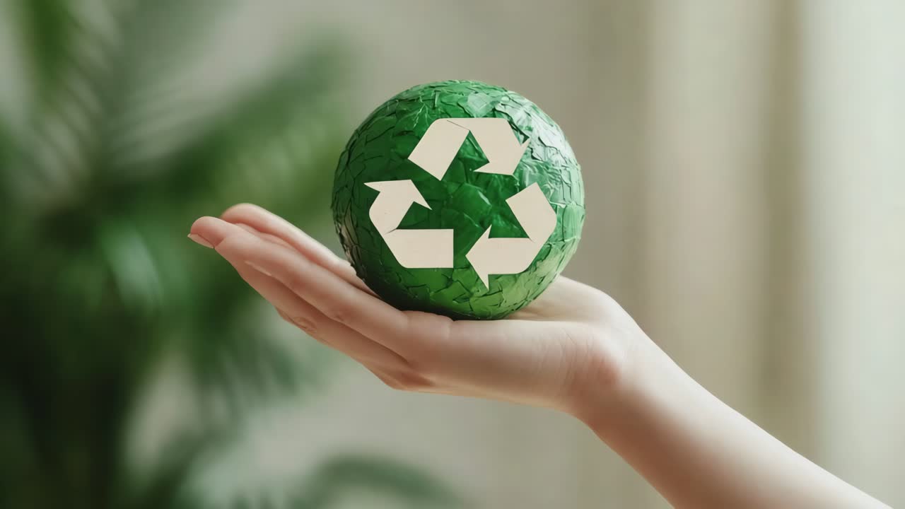 Hand holding a green recycling ball