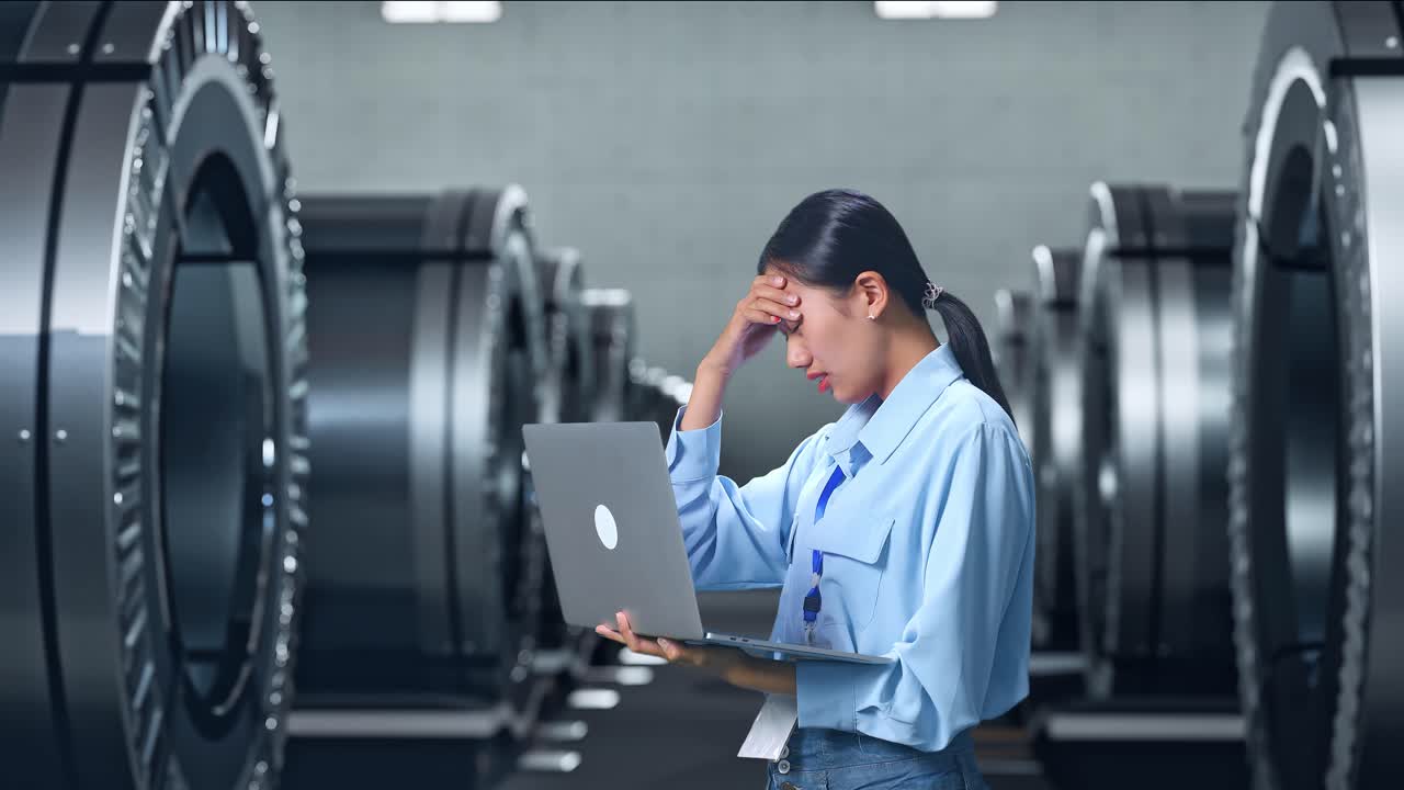 아시아 여성 직업 노동자가 고급 산업 시설의 금속 공장에서 노트북을 사용하고 있습니다.