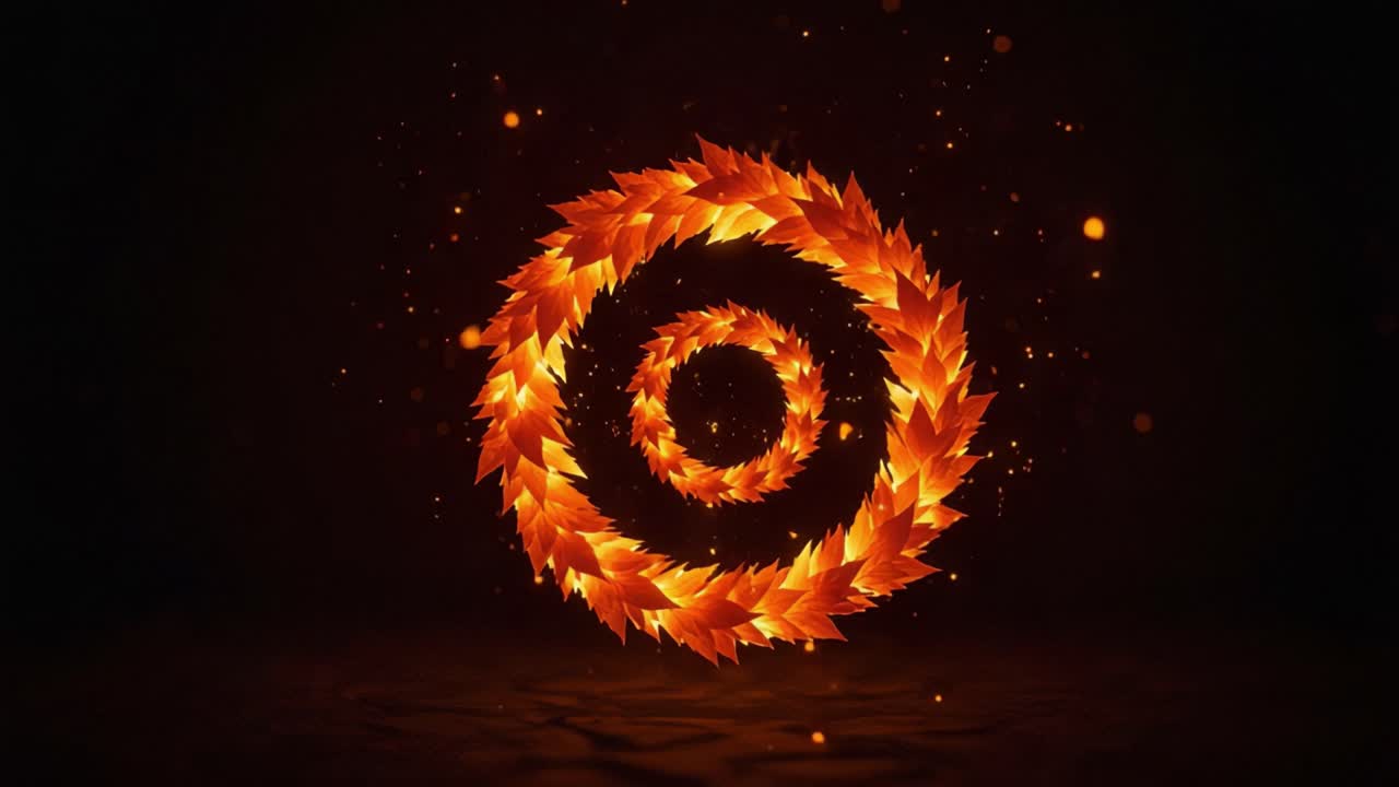 A Stunning Visualization of an Animated Spiral of Fiery Leaves with Glowing Particles Set Against a Dark Background, Creating a Captivating and Enchanting Atmosphere