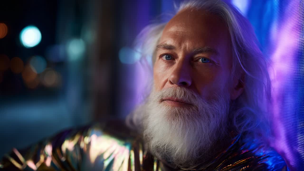 A Thoughtful Portrait of an Elderly Man with Silver Hair and a Beard, Dressed in a Shimmering Jacket, Illuminated by Vibrant Neon Lights, Capturing a Moment of Reflection and Serenity