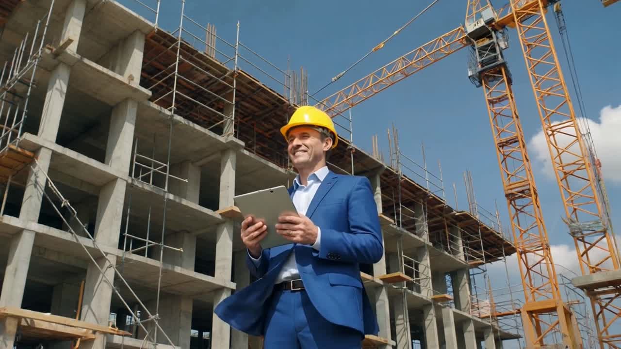 Ingeniero feliz con casco y tablet en una obra de construcción