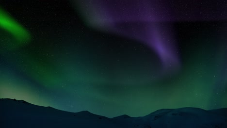 aurora contra el primer plano de las heladas llanuras montañosas por la noche