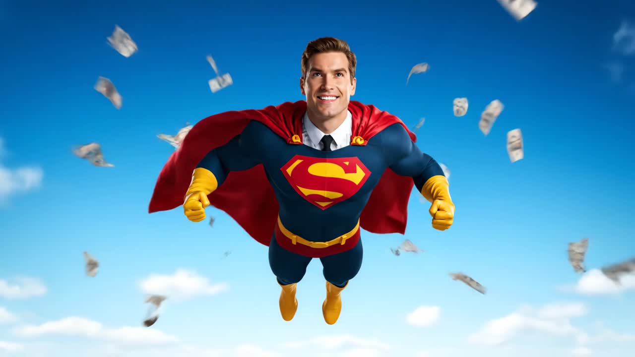 Superhero flying in the sky with money