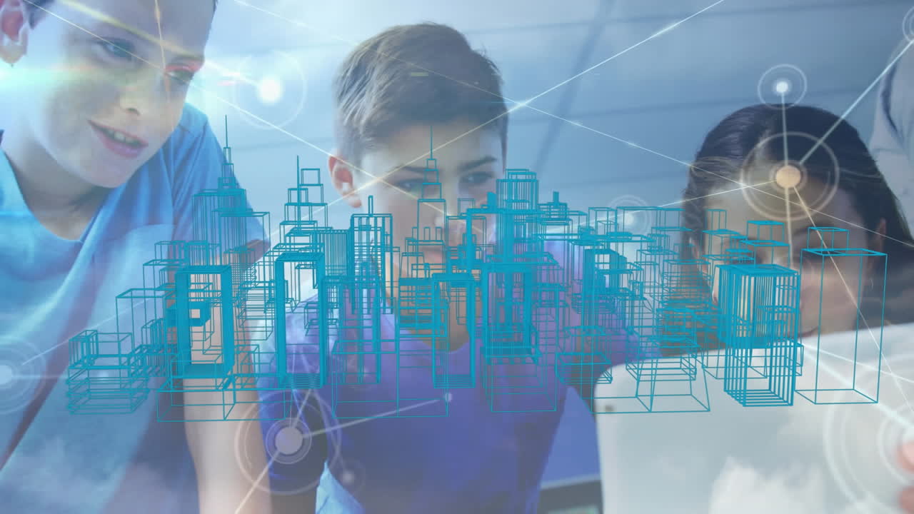 animación de niños y red de conexiones sobre el dibujo del paisaje urbano en 3d
