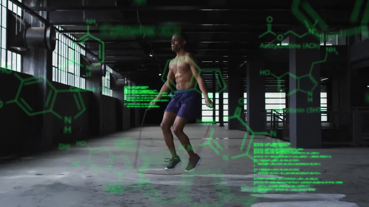 Animation of statistics and graphs over man jumping rope in an abandoned building