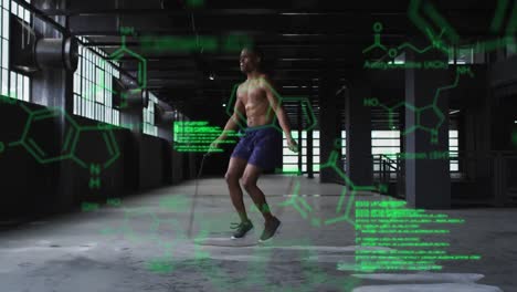 Animation-of-statistics-and-graphs-over-man-jumping-rope-in-an-abandoned-building