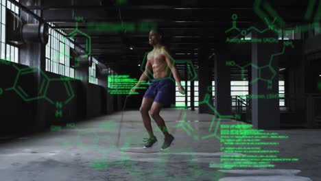 animación de estadísticas y gráficos sobre el hombre saltando la cuerda en un edificio abandonado