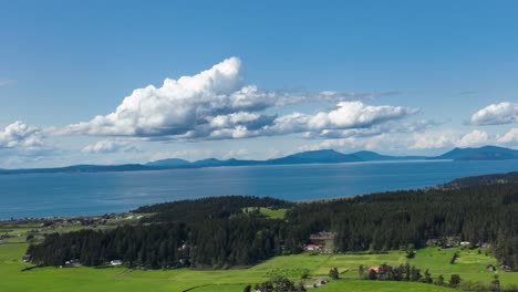 Panning-aerial-shot-of-the-San-Juan-Islands-at-summer-time-taken-from-Whidbey-Island