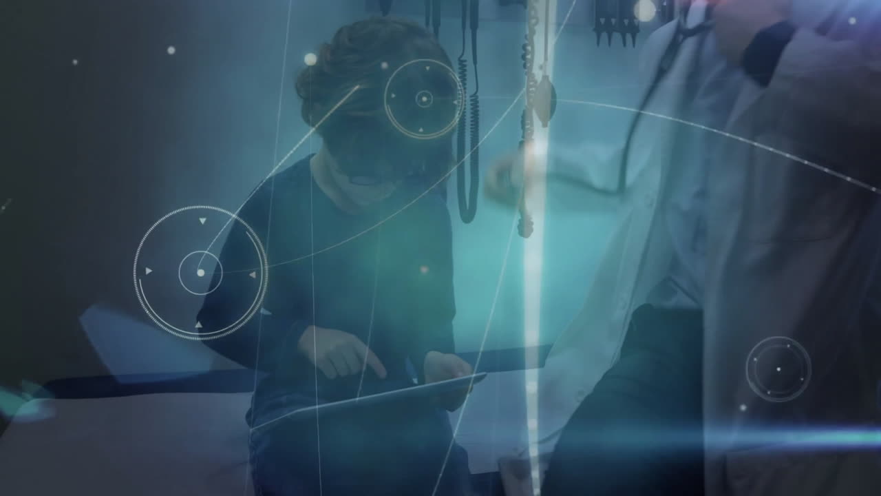 child patient tapping digital tablet in medical clinic, showing animated vital signs chart overlays