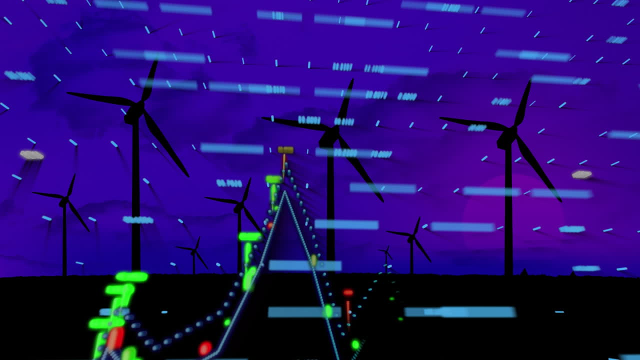 Financial data processing over silhouette of windmills against blue background