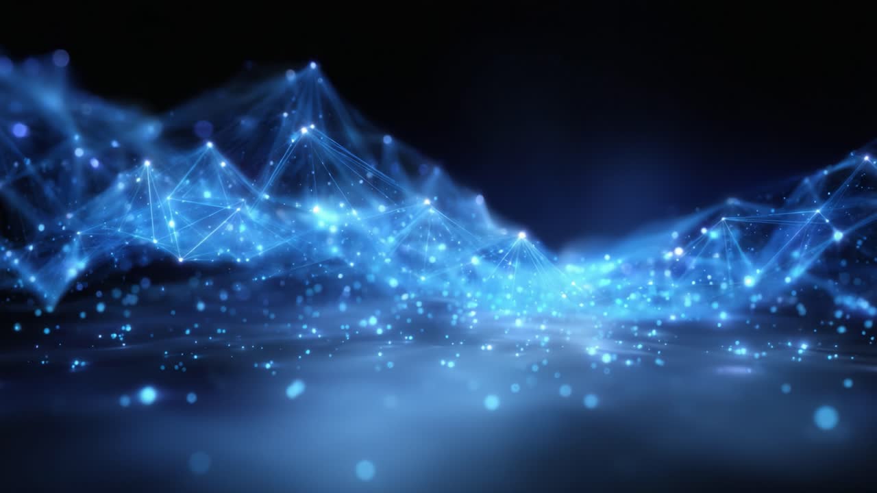 Dynamic Digital Wave: Captivating Visuals of Illuminated Particles and Geometric Patterns in a Mesmerizing Flow of Light and Color