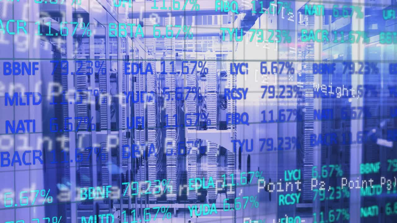 Animation of data processing and stock market over server room