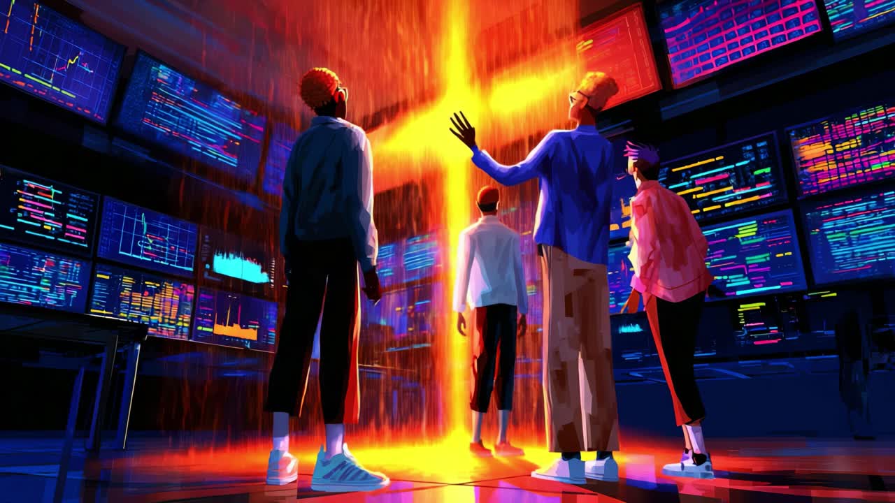 In a futuristic control room, four individuals observe an extraordinary display of vibrant digital patterns and streams of data, as they stand in awe of the technology surrounding them