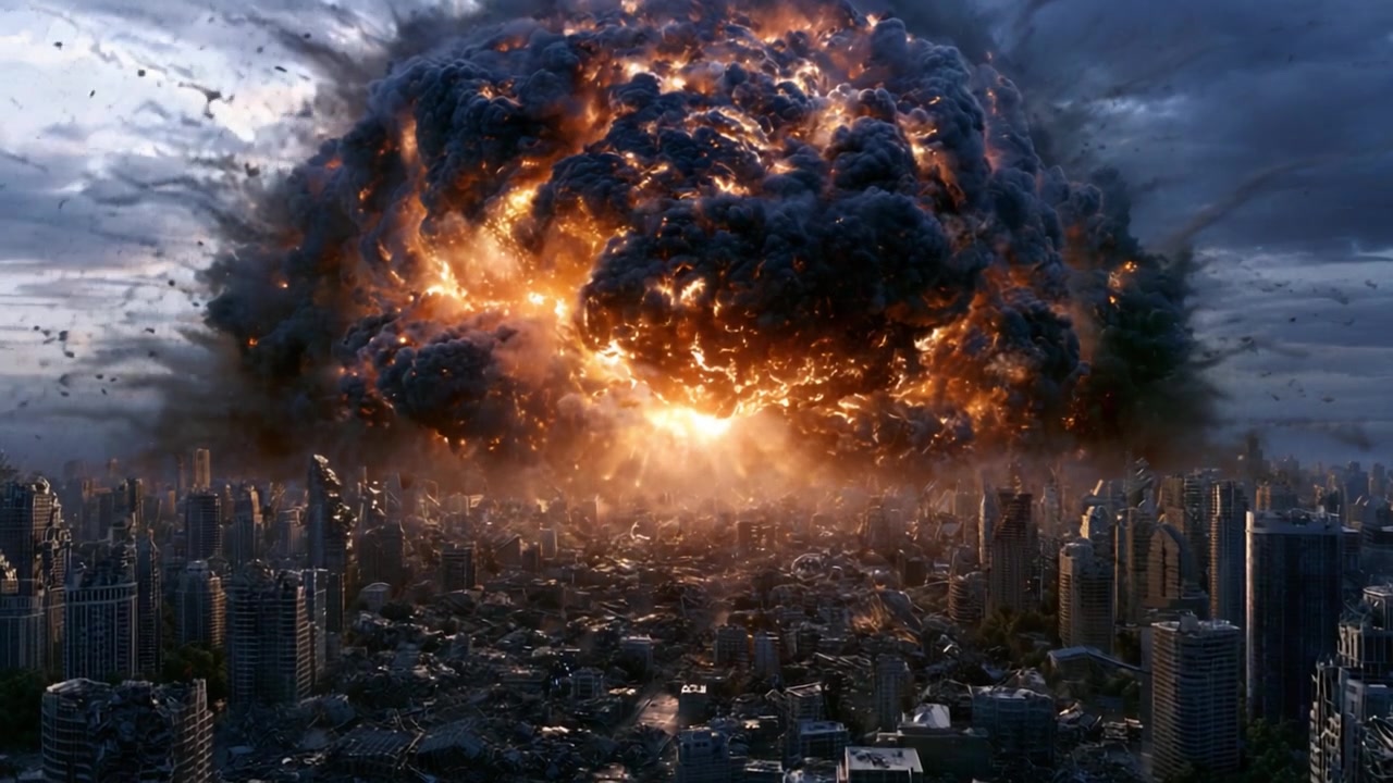 Una drammatica esplosione avvolge lo skyline di una città, proiettando una nuvola arancione e nera sul paesaggio, mostrando una scena distopica di distruzione e caos.