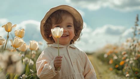 happy child holding a tulip in a spring flower field