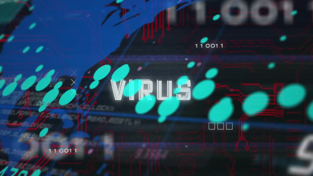 animación del texto del virus sobre la placa de circuitos de la computadora y procesamiento de datos.
