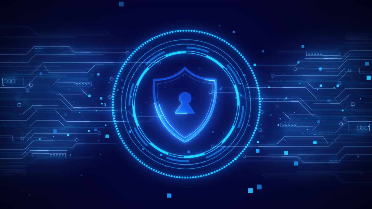 Cybersecurity shield lock icon hologram security breach computer hacking attack warning message
