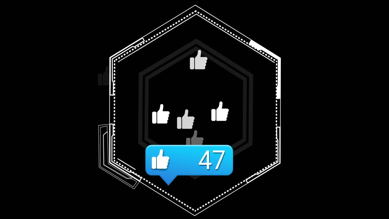 Animação de design hexagonal com ícones de polegar para cima mostrando 47 notificações de curtidas