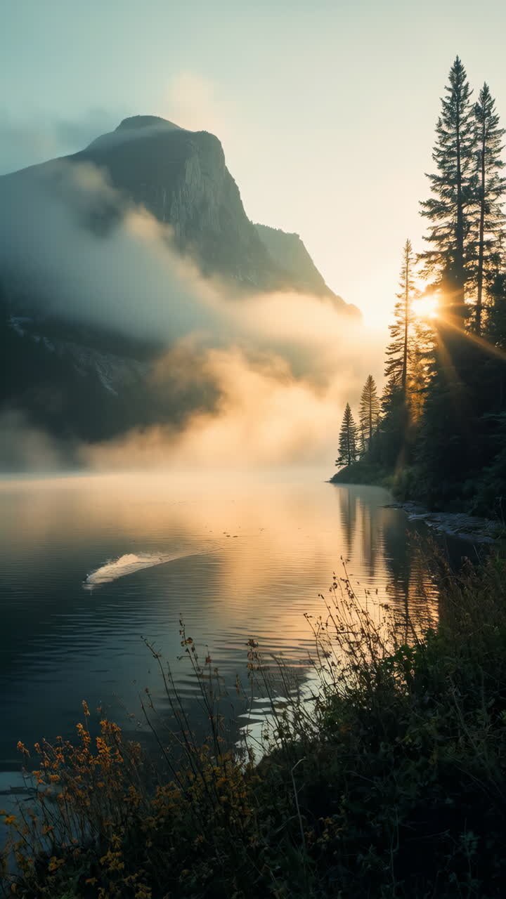 Lumière dorée sur un lac de montagne brumeux avec des pins