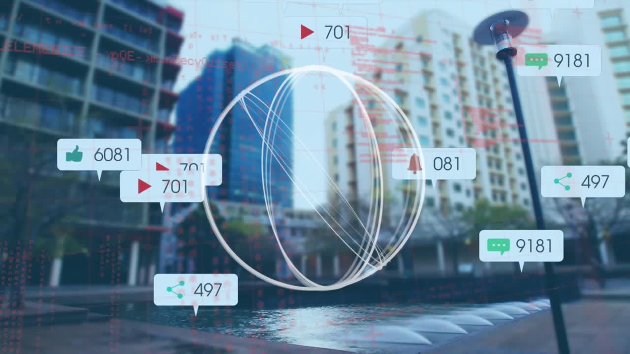 도시 풍경 위의 스 ⁇  스캐닝과 소셜 미디어 연설 거품의 애니메이션