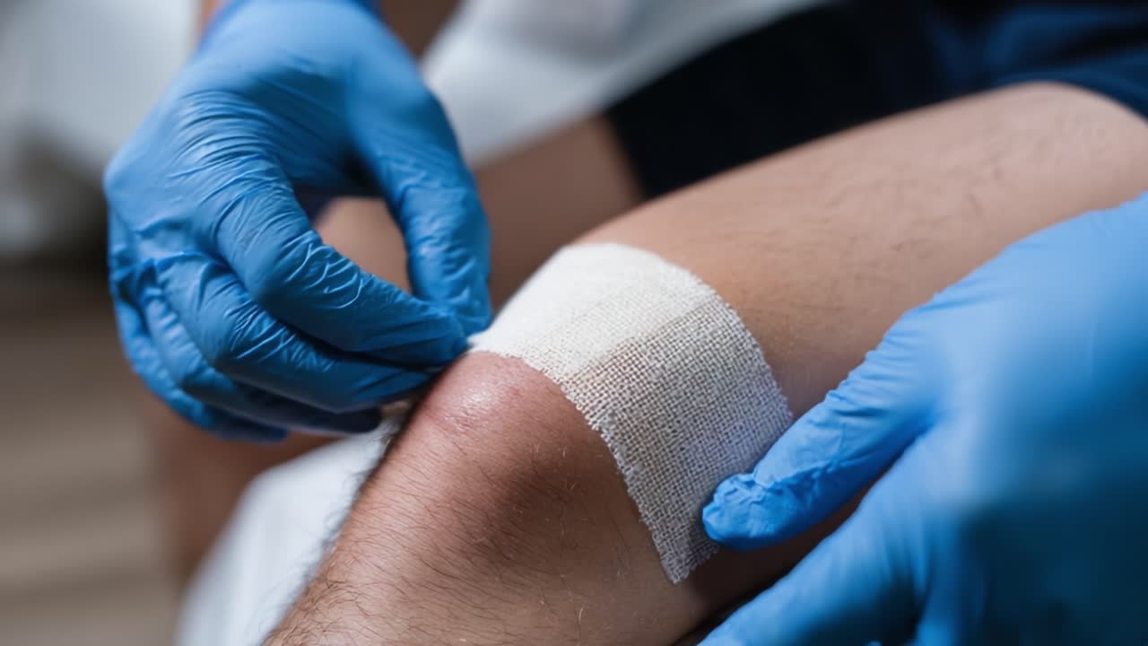 Medical Care: A Person Applying a Bandage to a Knee Injury, Demonstrating Proper Wound Care Techniques with Protective Gloves in a Clinical Setting
