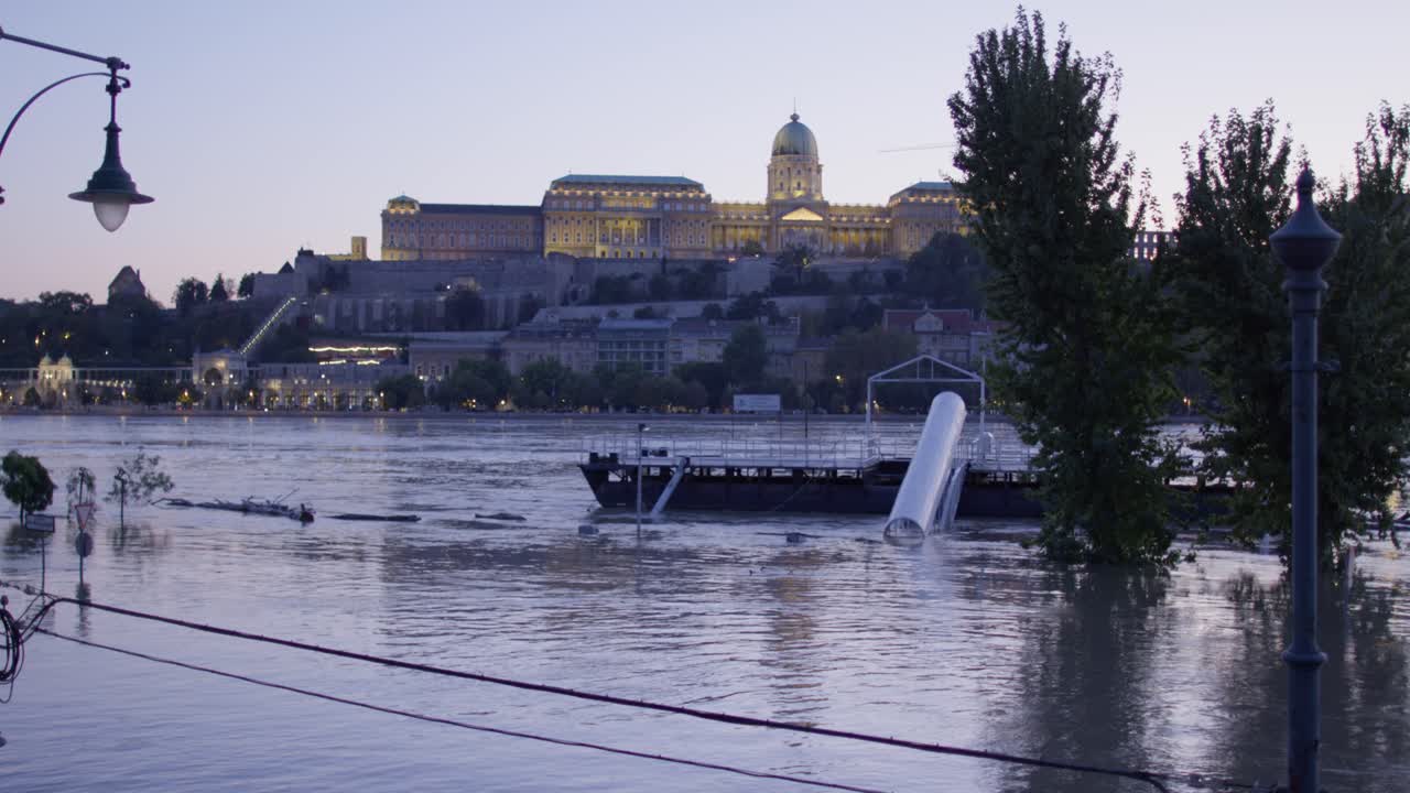 Buda Castle view from Pest side with lights on during the flooded danube, Budapest 2024. 5