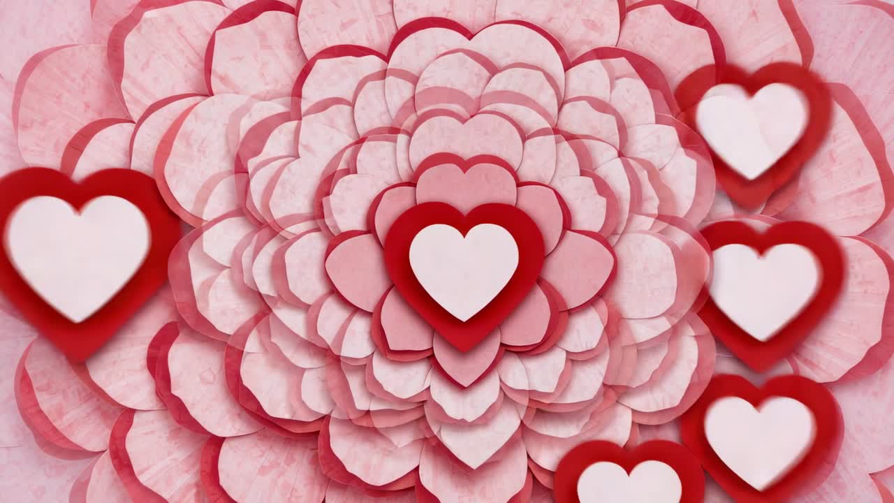 Corações deslizantes vermelhos e brancos indo da esquerda para a direita cruzando flor de papel central com coração empilhado