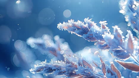 a close up of a field of snow covered plants. the image has a serene and peaceful mood, with the snow covering the plants giving them a delicate and fragile appearance