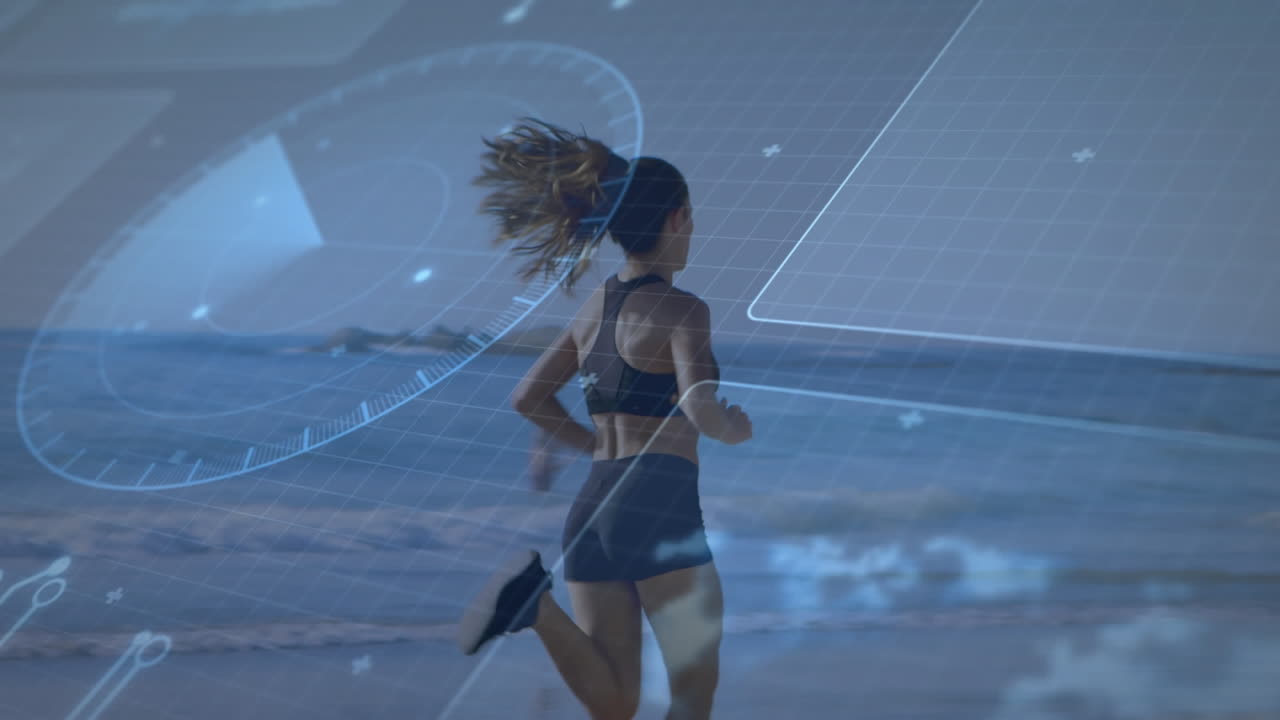 Animation of data processing over caucasian woman running on beach