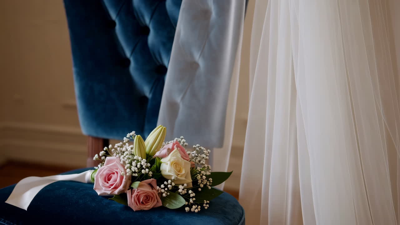 Bouquet da sposa e velo su una sedia blu