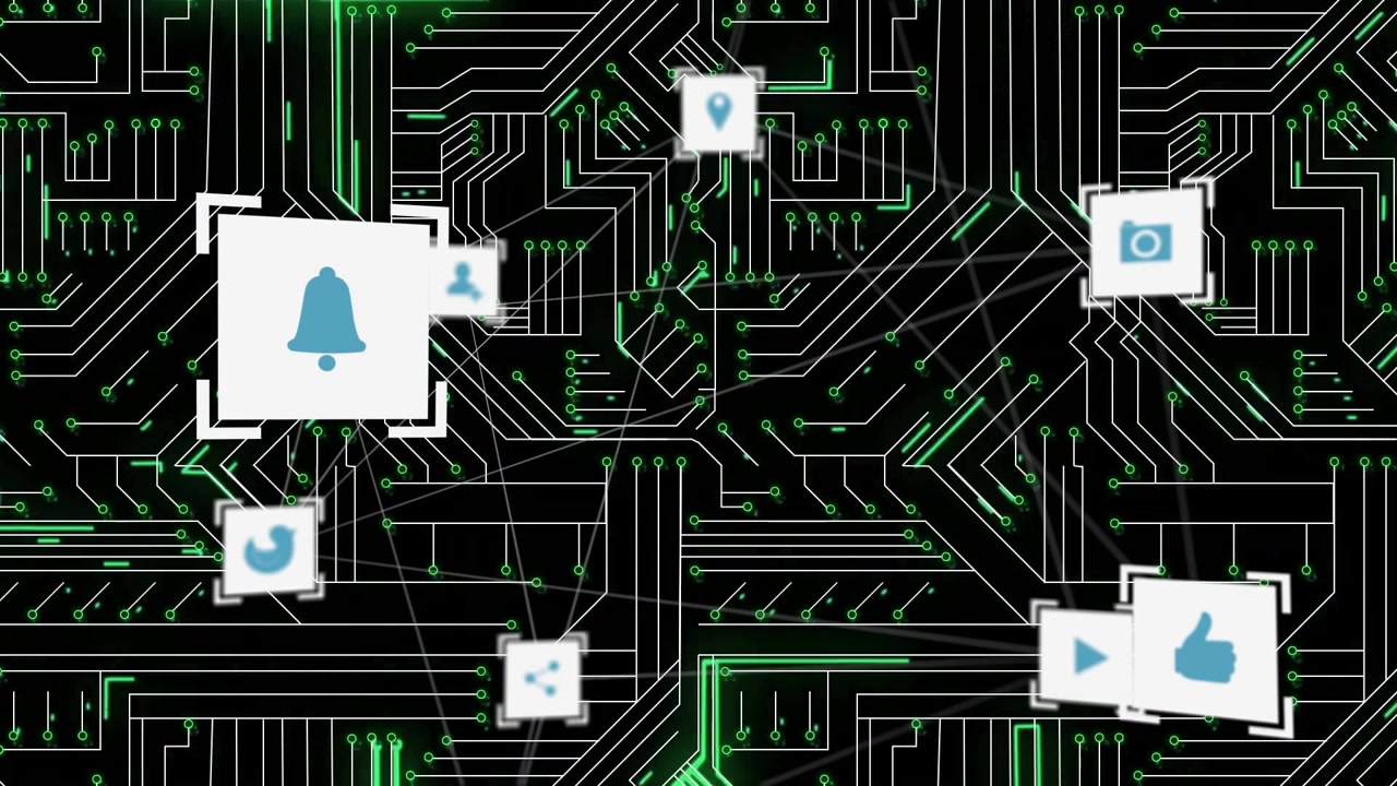 Network grid initiating user-add icon pulsing center while icons sliding representing data flow