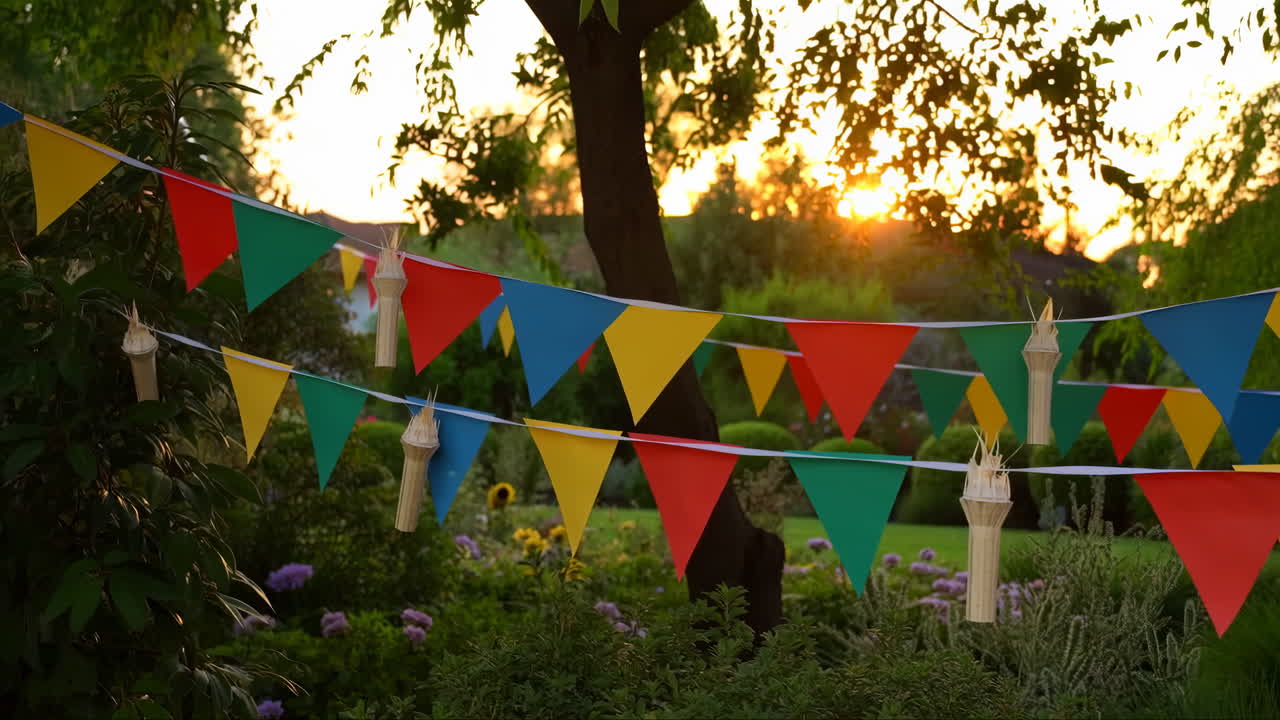 Festoncini colorati e lanterne decorano un giardino al tramonto
