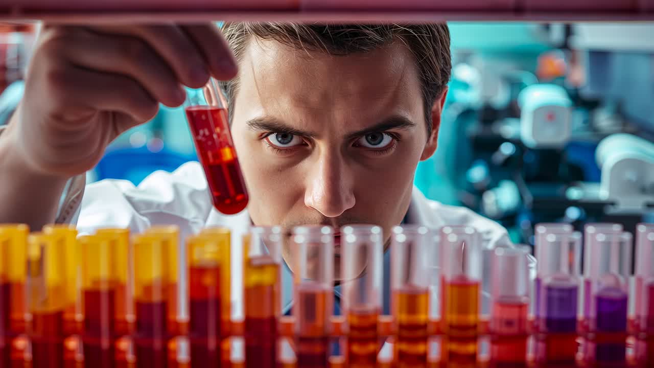 Selecting red test tube, scientist in lab coat and tie lifting and inspecting liquid at bench