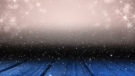 animation of snow falling over spots of light with copy space and wooden boards