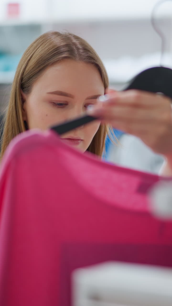 mujer compradora sonriendo mientras se centra en la tela rosa en el colgante en el pasillo de la tienda de ropa rodeada de estantes bien dispuestos de prendas de vestir vibrantes